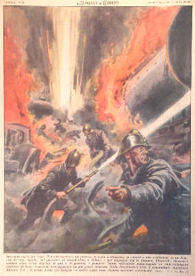 Comandante e pompieri ustionati nello spegnimento di un incendio(La Domenica del Corriere, 23 dicembre 1951)