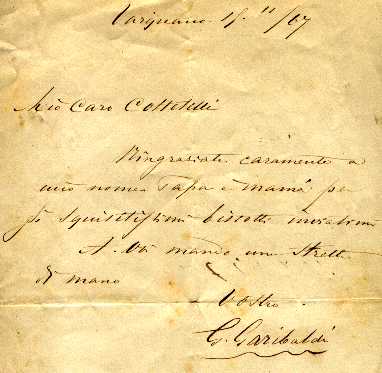 Lettera di Garibaldi dal Forte Verignano (La Spezia)